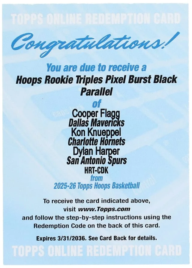 2025-26 Topps Cooper Flagg/Kon Knueppel/Dylan Harper Multi-Signed - Unused Redemption Hoops Triple Pixel Burst Black #HRT-CDK card image