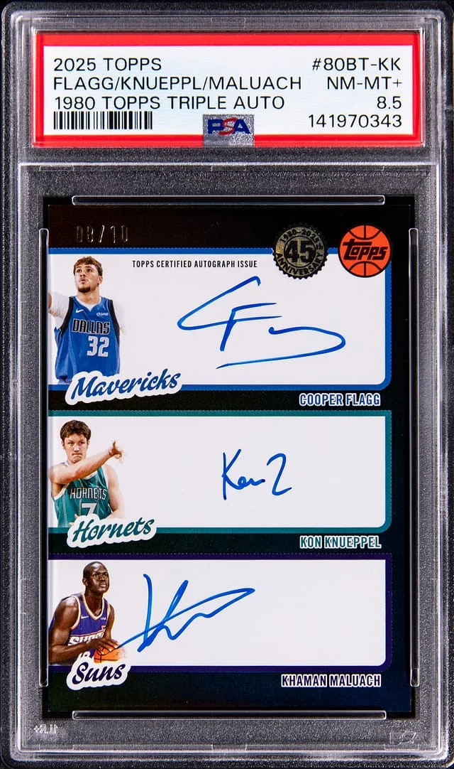 2025-26 Topps Cooper Flagg/Kon Knueppel/Khaman Maluach Multi-Signed 1980 Topps Triple Autographs #80BT-KK card image