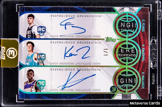 2025-26 Topps Cooper Flagg/Kon Knueppel/Khaman Maluach Multi-Signed Patch - Topps Encased 3 Triple Relics Autographs Platinum #TRA-CKK card image
