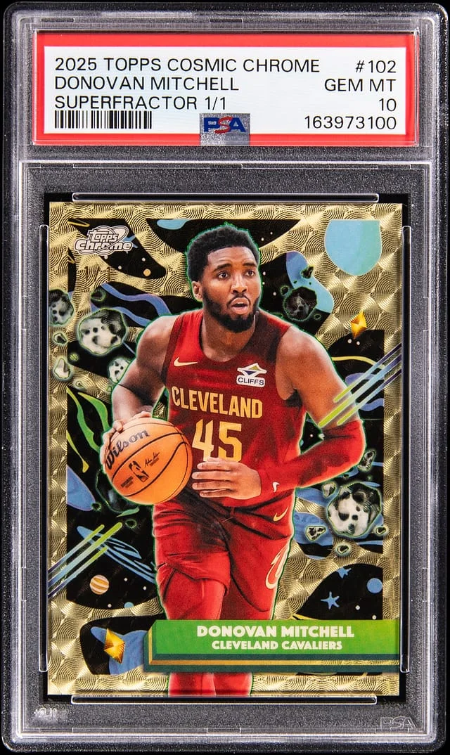 2025-26 Topps Donovan Mitchell Cosmic Chrome SuperFractor #102 card image