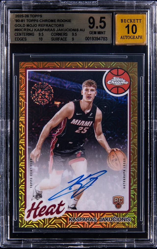 2025-26 Topps Kasparas Jakucionis 80-81 Topps Chrome Gold Mojo Refractors #80CR2-KJ card image