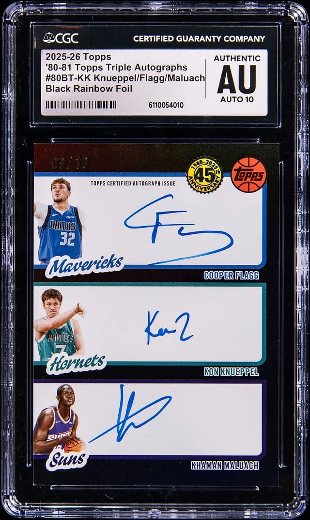 2025-26 Topps Kon Knueppel/Cooper Flagg/Khaman Maluach Multi-Signed 80-81 Triple Autographs Black Rainbow Foil #80BT-KK card image