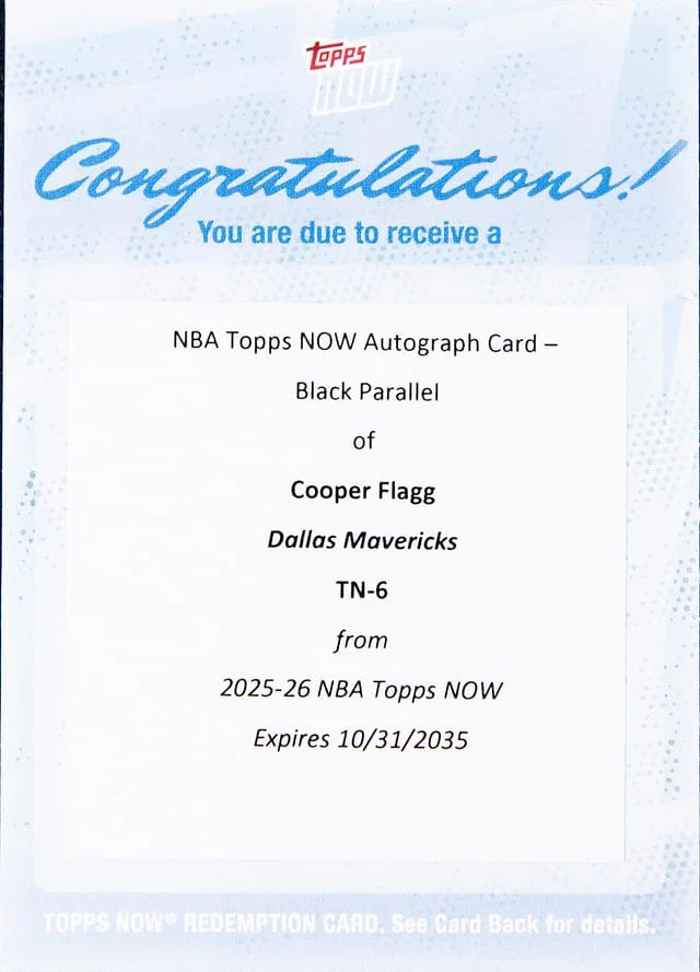 2025-26 Topps Now Cooper Flagg Autograph Black Parallel #TN-6 card image
