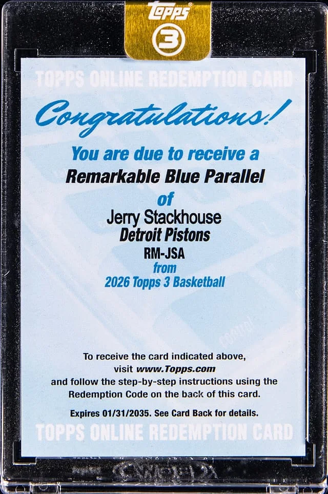 2025-26 Topps Remarkable Blue Parallel Jerry Stackhouse - Unused Redemption Card - Topps Encased #3 card image