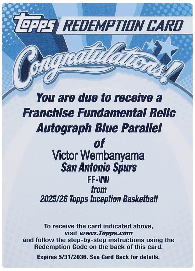 2025-26 Topps Victor Wembanyama Inception Franchise Fundamental Relic Autograph Blue #FF-VW card image
