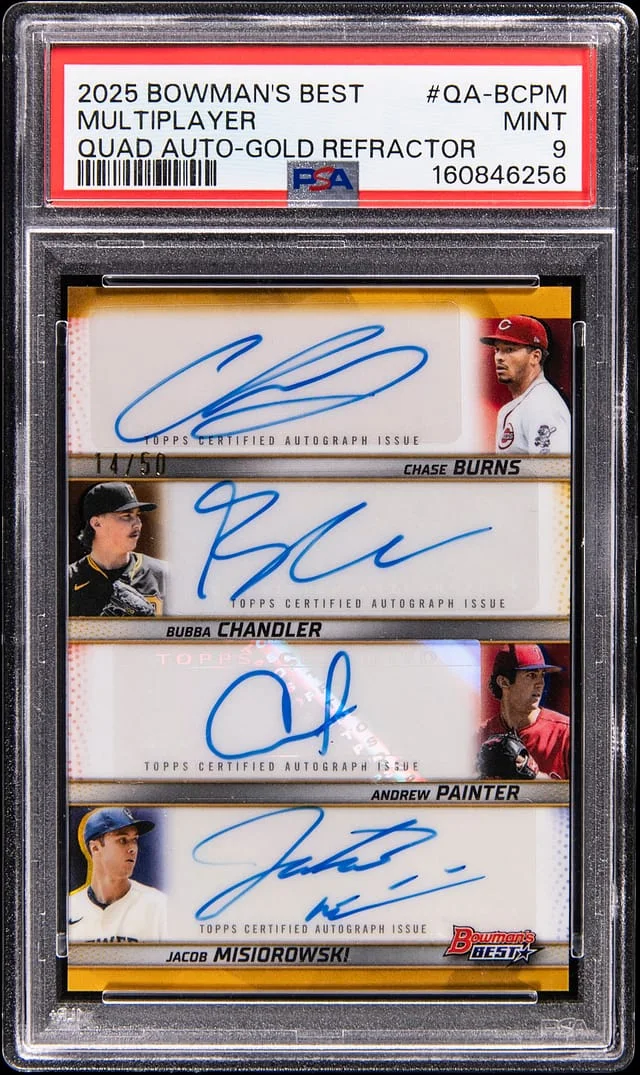 2025 Bowman Best Burns/Chandler/Painter/Misiorowski Multi-Signed Quad Autograph Gold Refractor #QA-BCPM card image