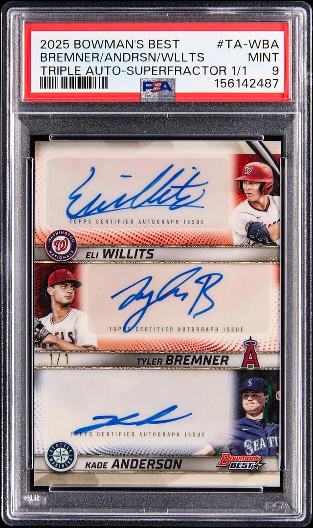2025 Bowman Best Eli Willits/Tyler Bremner/Kade Anderson Multi-Signed Triple Autographs SuperFractor #TA-WBA card image