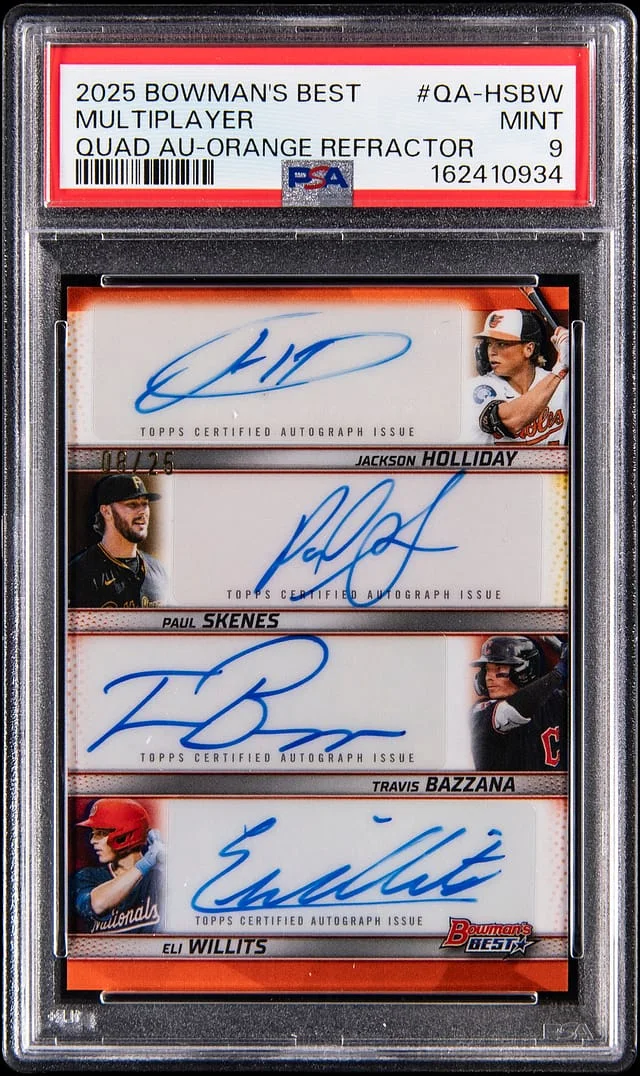 2025 Bowman Best Jackson Holliday/Paul Skenes/Travis Bazzana/Eli Willits Multi-Signed Quad Autographs Orange Refractor #QA-HSBW card image