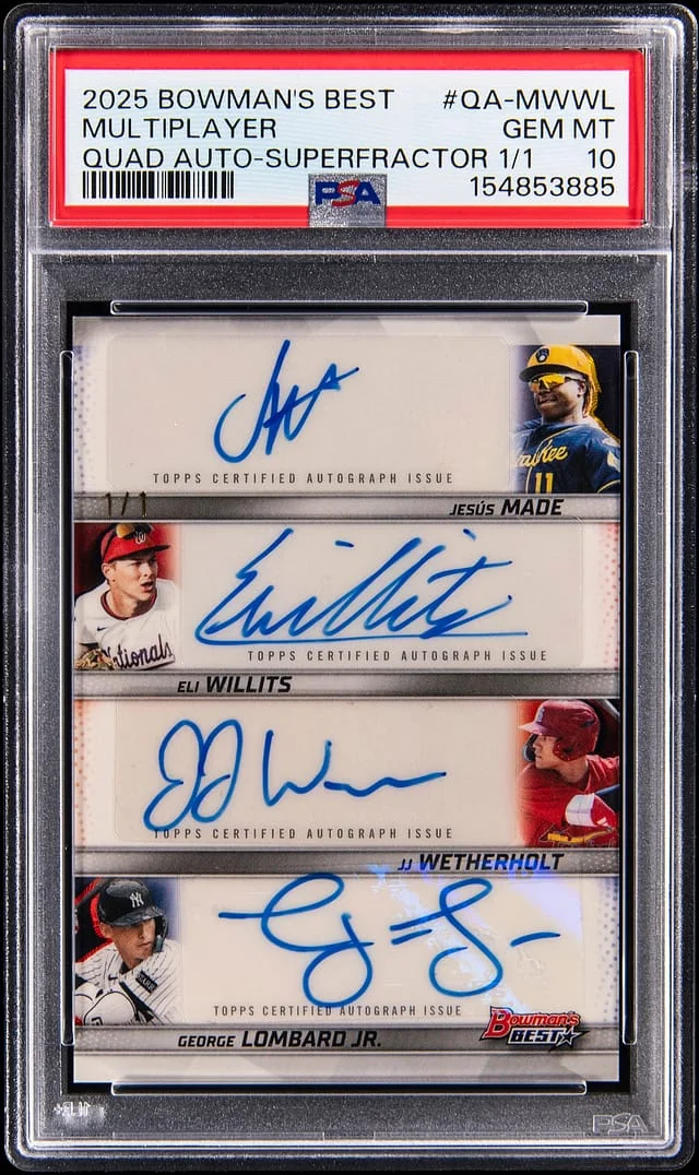 2025 Bowman Best Jesus Made/Eli Willits/JJ Wetherholt/George Lombard Jr. Multi-Signed Quad Autographs SuperFractor #QA-MWWL card image
