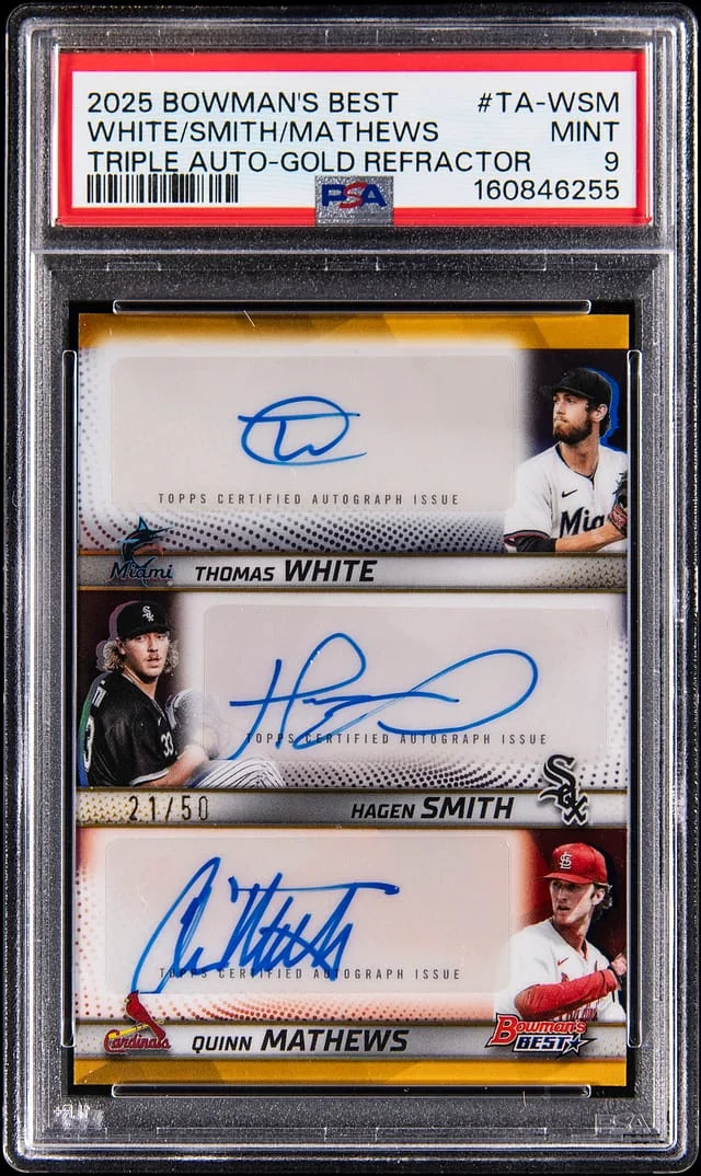 2025 Bowman Best White/Smith/Mathews Multi-Signed Triple Autographs Gold Refractor #TA-WSM card image