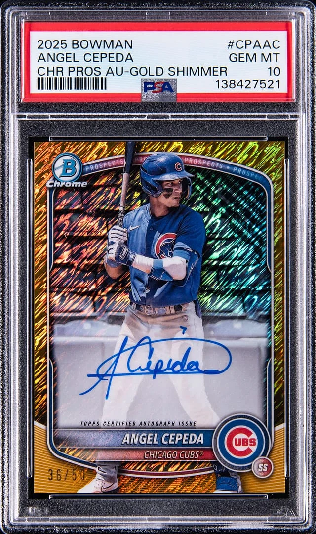 2025 Bowman Chrome Angel Cepeda Prospect Autographs Gold Shimmer Refractor #CPA-AC card image