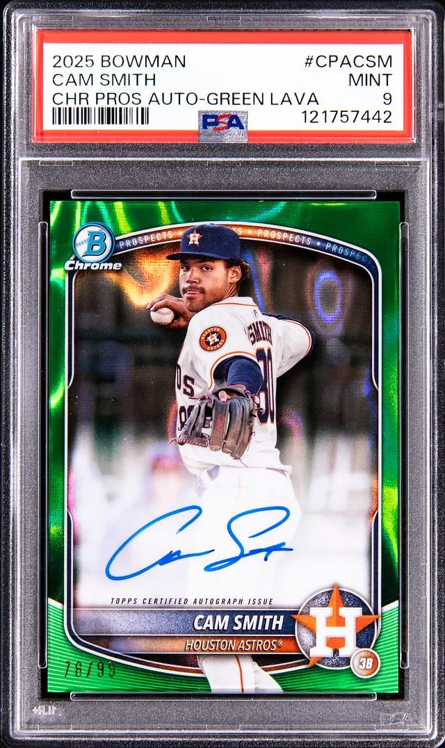 2025 Bowman Chrome Cam Smith Prospect Autographs Green Lava Refractor #CPA-CSM card image