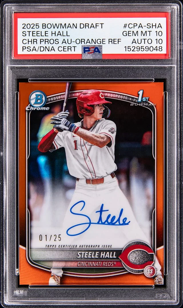 2025 Bowman Chrome Draft Steele Hall Prospect Autographs Orange Refractor #CPA-SHA card image