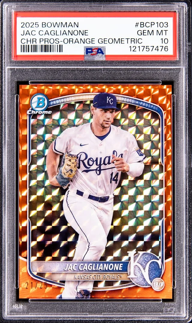 2025 Bowman Chrome Jac Caglianone Prospect Orange Geometric Refractor #BCP-103 card image