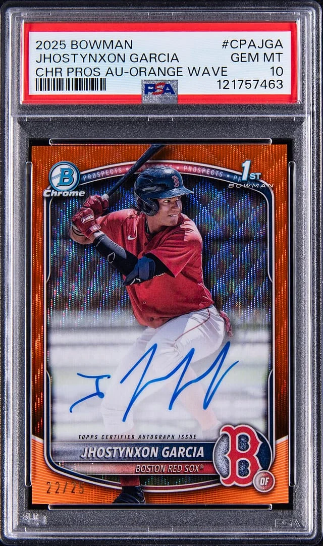 2025 Bowman Chrome Jhostynixon Garcia Prospect Autographs Orange Wave Refractor #CPA-JGA card image