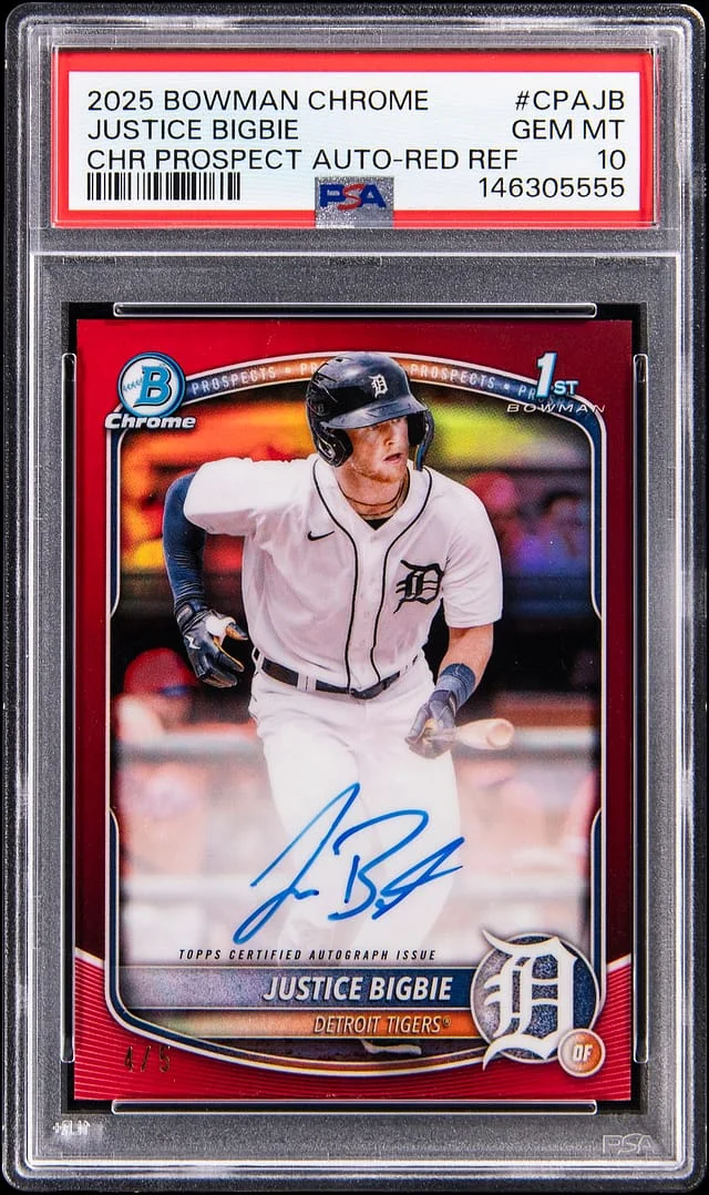 2025 Bowman Chrome Justice Bigbie Prospect Autographs Red Refractor #CPA-JB card image