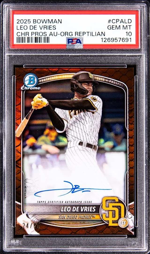 2025 Bowman Chrome Leo De Vries Prospect Autographs Orange Reptilian Refractor #CPA-LD card image