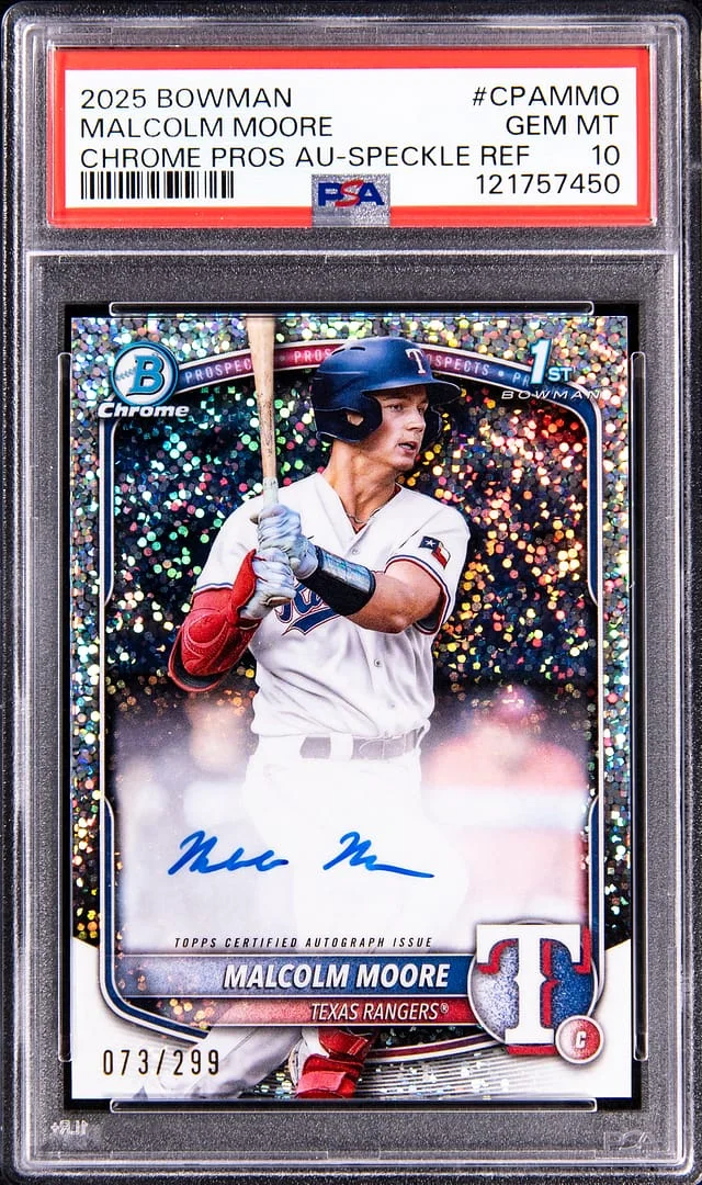 2025 Bowman Chrome Malcolm Moore Prospect Autographs Speckle Refractor #CPA-MMO card image