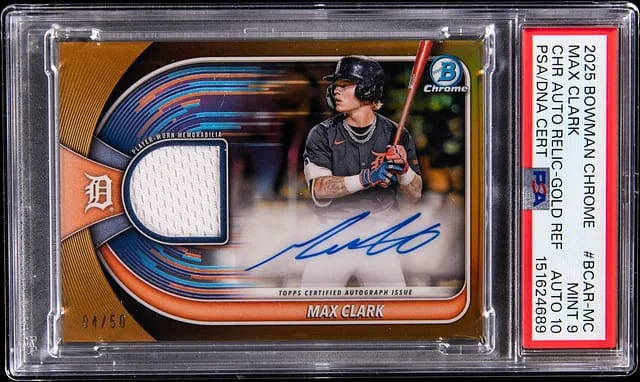 2025 Bowman Chrome Max Clark Chrome Autograph Relic Gold Refractor #BCAR-MC card image