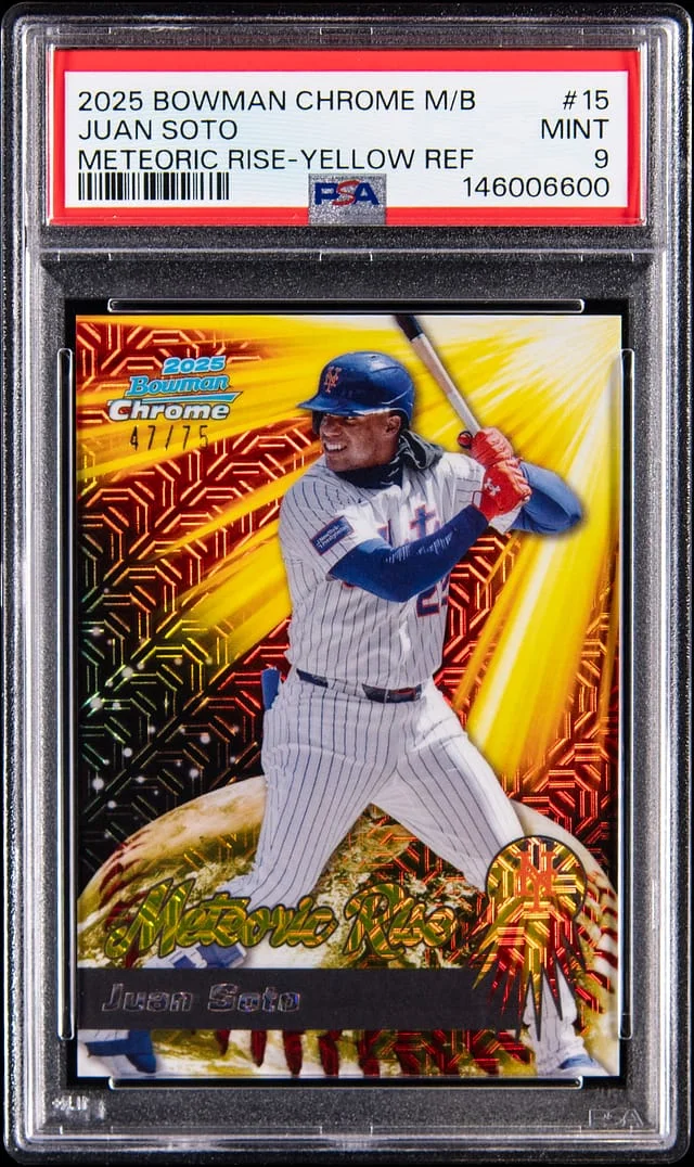 2025 Bowman Chrome Mega Box Juan Soto Meteoric Rise Yellow Refractor #MR-15 card image