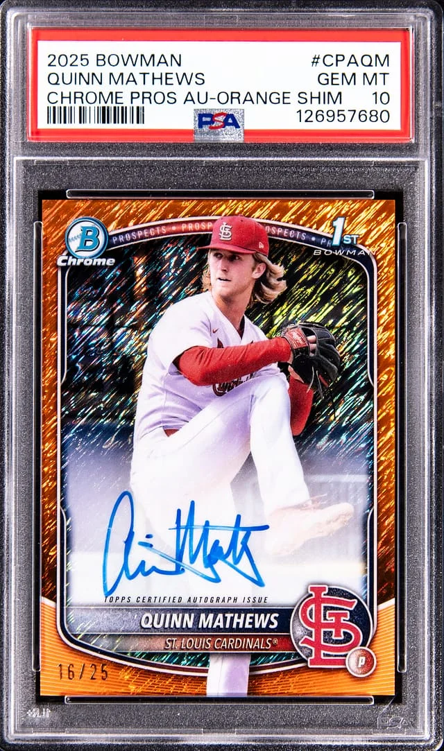 2025 Bowman Chrome Prospects Quinn Mathews Autographs Orange Shimmer Refractor #CPA-QM card image