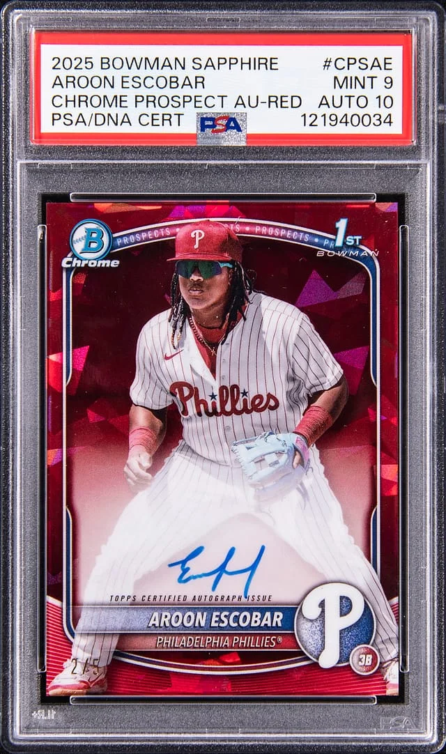 2025 Bowman Chrome Sapphire Aroon Escobar Prospect Autographs Red #CPA-AE card image