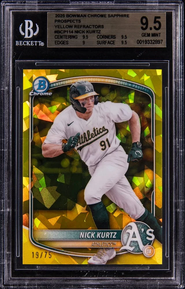 2025 Bowman Chrome Sapphire Nick Kurtz Edition Prospects Yellow Refractor #BCP-114 card image