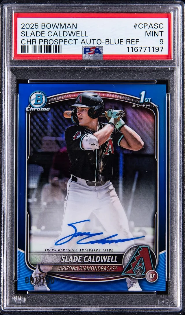 2025 Bowman Chrome Slade Caldwell Chrome Prospect Autograph Blue Refractor #CPASC card image
