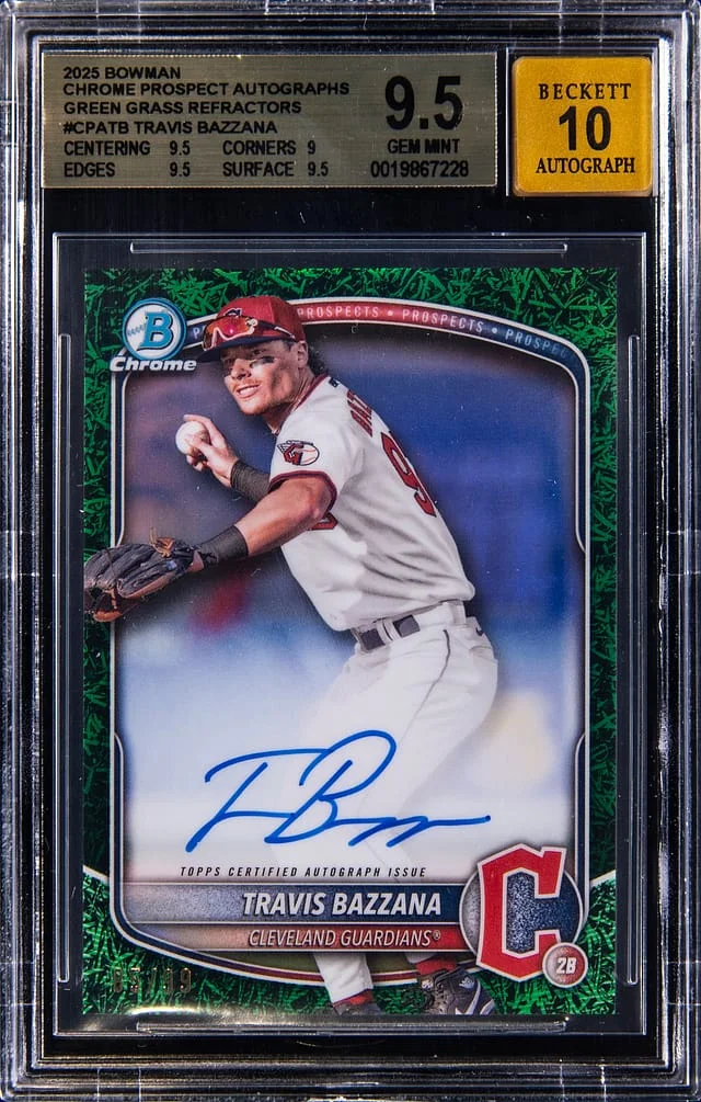 2025 Bowman Chrome Travis Bazzana Prospect Autographs Green Grass Refractors #CPA-TB card image