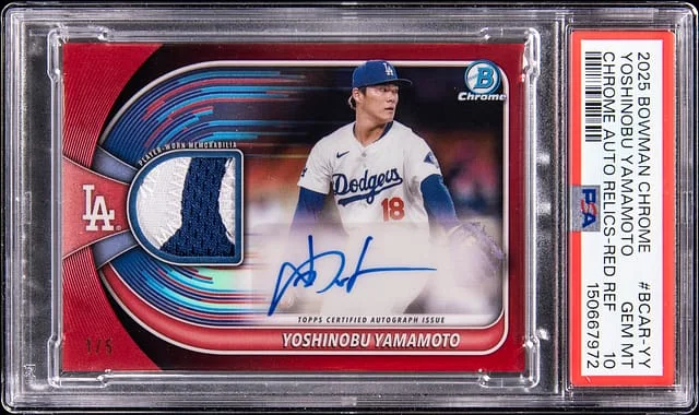 2025 Bowman Chrome Yoshinobu Yamamoto Autograph Relics Red Refractor #BCAR-YY card image