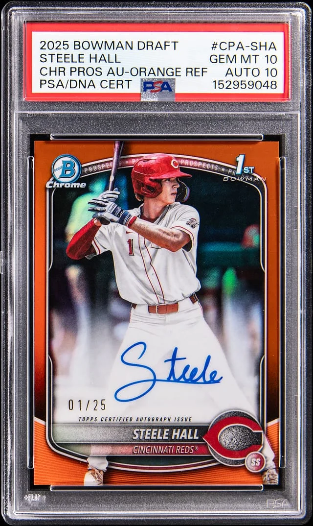 2025 Bowman Draft Steele Hall Chrome Prospect Autographs Orange Refractor #CPA-SHA card image
