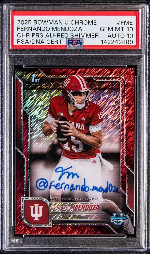 2025 Bowman Fernando Mendoza U Chrome Prospect Autographs Red Shimmer #BCA-FME card image