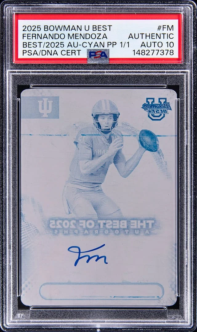 2025 Bowman Fernando Mendoza U Best of '25 Autographs Cyan Printing Plate #BOA-FM card image