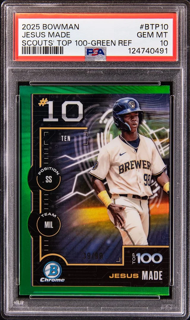 2025 Bowman Jesus Made Scouts Top 100 Green Refractor #BTP-10 card image
