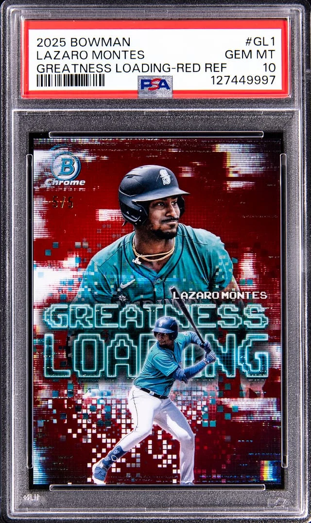 2025 Bowman Lazardo Montes Greatness Loading Red Refractor #GL-1 card image