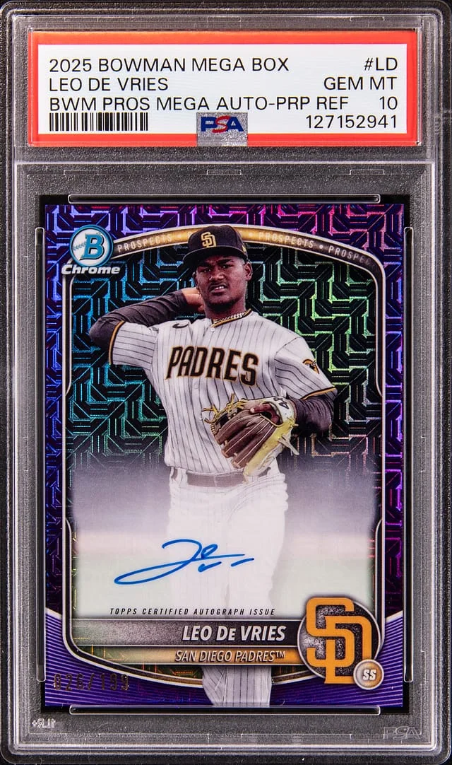 2025 Bowman Leo De Vries Mega Box Bowman Prospect Mega Autograph Purple Refractor #BMA-LD card image