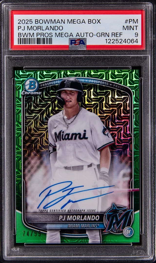 2025 Bowman PJ Morlando Mega Box Bowman Prospect Mega Autographs Green Refractor #BMA-PM card image