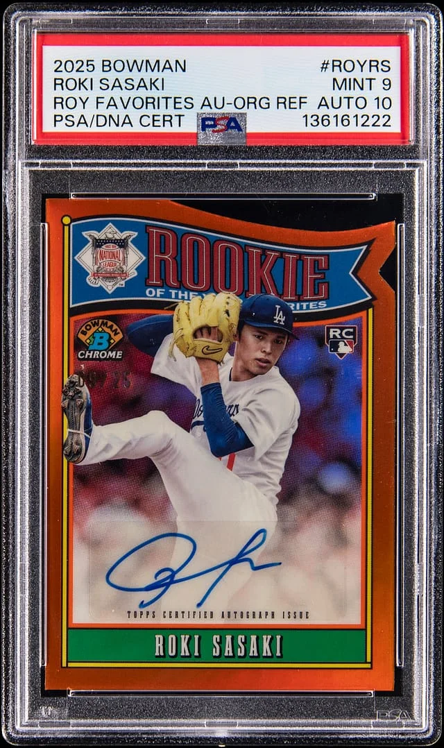 2025 Bowman Roki Sasaki of the Year Favorites Autographs Orange Refractor #ROY-RS card image