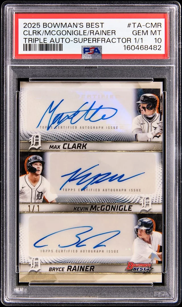 2025 Bowman's Best Max Clark/Kevin McGonigle/Bryce Rainer Multi-Signed Triple Autographs SuperFractor #TA-CMR card image