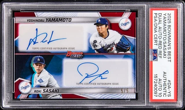 2025 Bowman's Best Yoshinobu Yamamoto/Roki Sasaki Dual Autograph Red Refractor #DA-YS card image