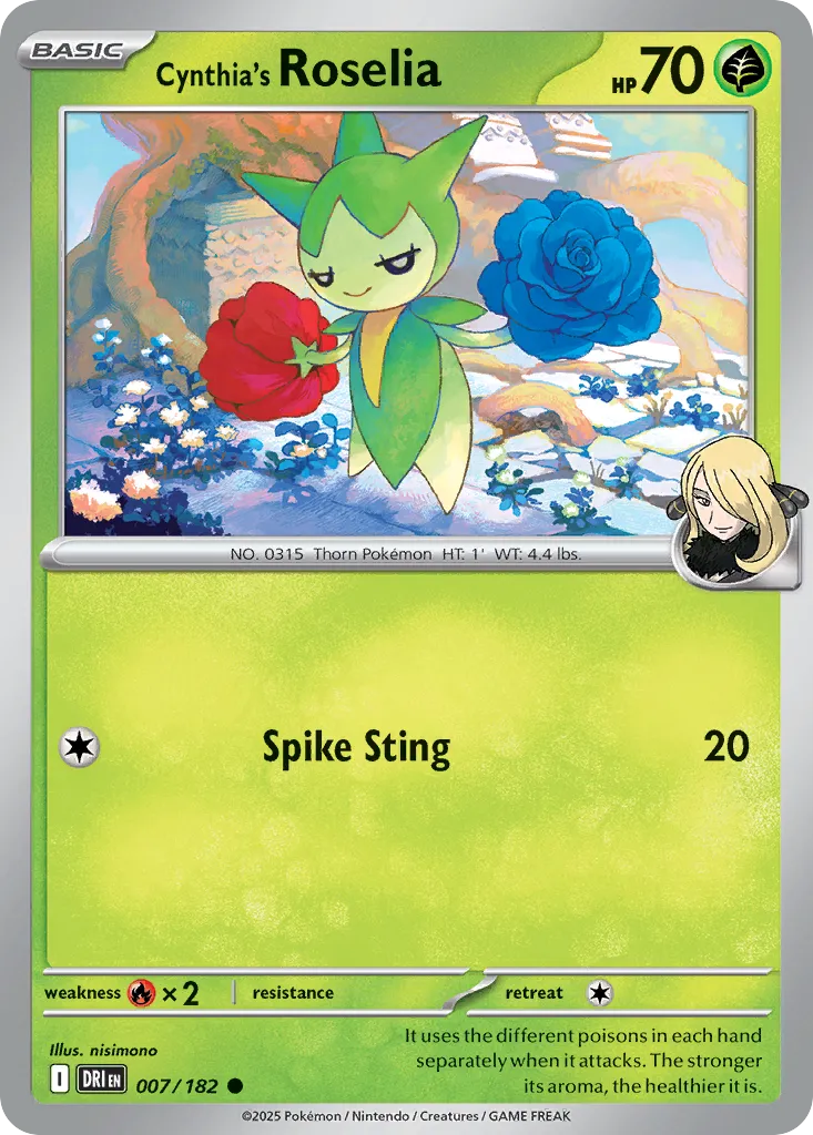2025 Destined Rivals Cynthia's Roselia Common #007/182 Common card image