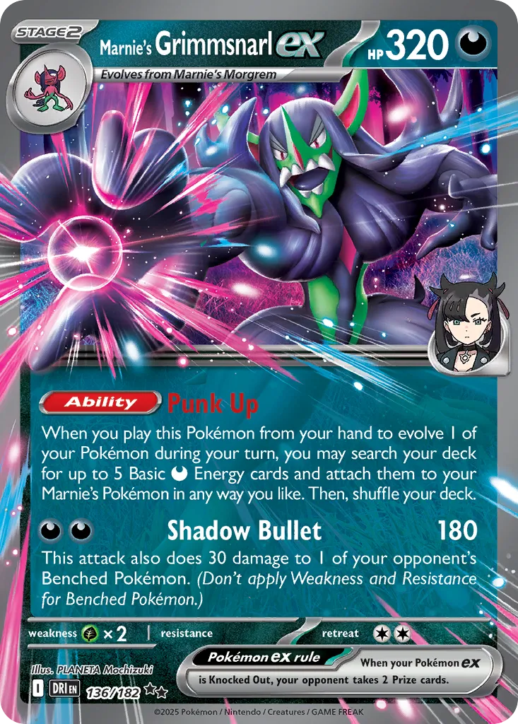 2025 Destined Rivals Marnie's Grimmsnarl ex #136/182 Double Rare card image