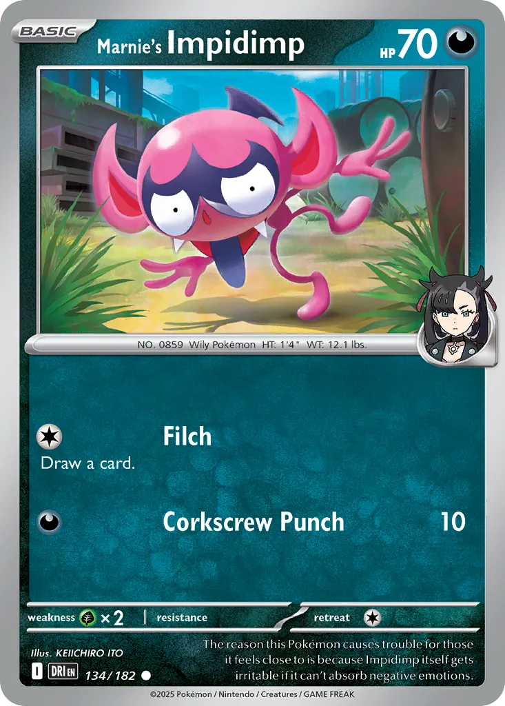 2025 Destined Rivals Marnie's Impidimp Common #134/182 Common card image