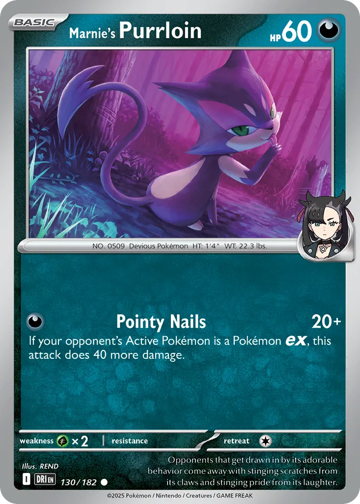 2025 Destined Rivals Marnie's Purrloin #130/182 Common card image