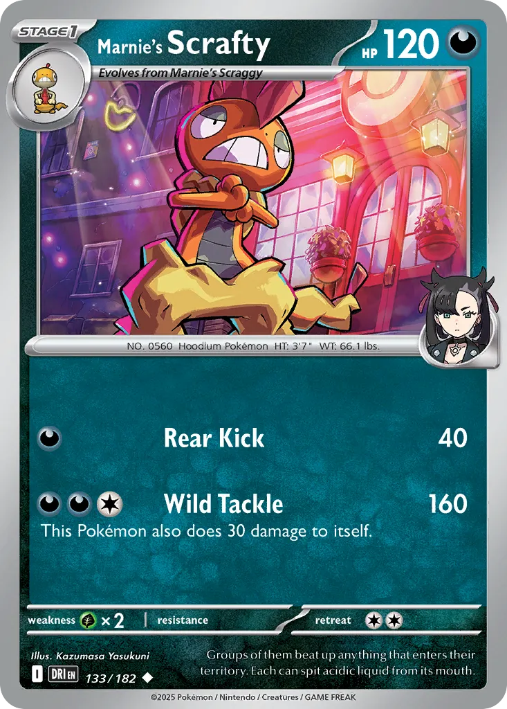 2025 Destined Rivals Marnie's Scrafty #133/182 Uncommon card image