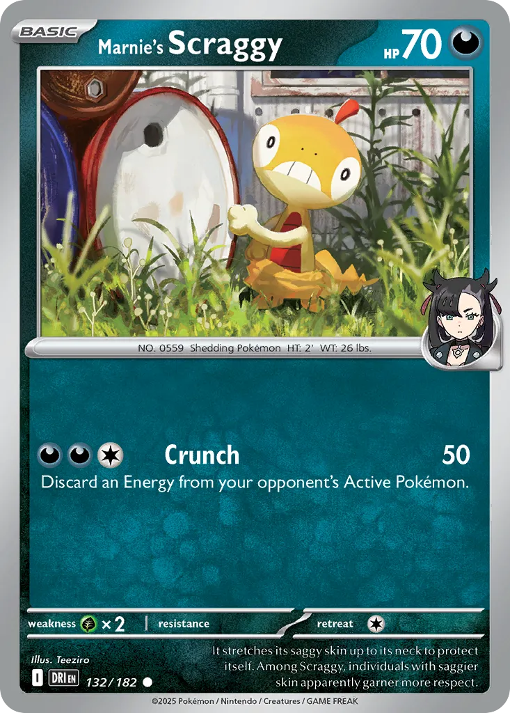 2025 Destined Rivals Marnie's Scraggy Common #132/182 Common card image