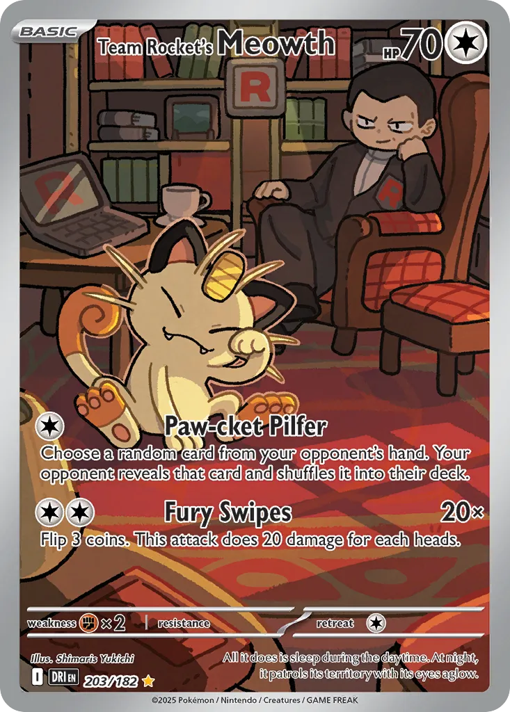 2025 Destined Rivals Team Rocket's Meowth Illustration Rare #203/182 Illustration Rare card image