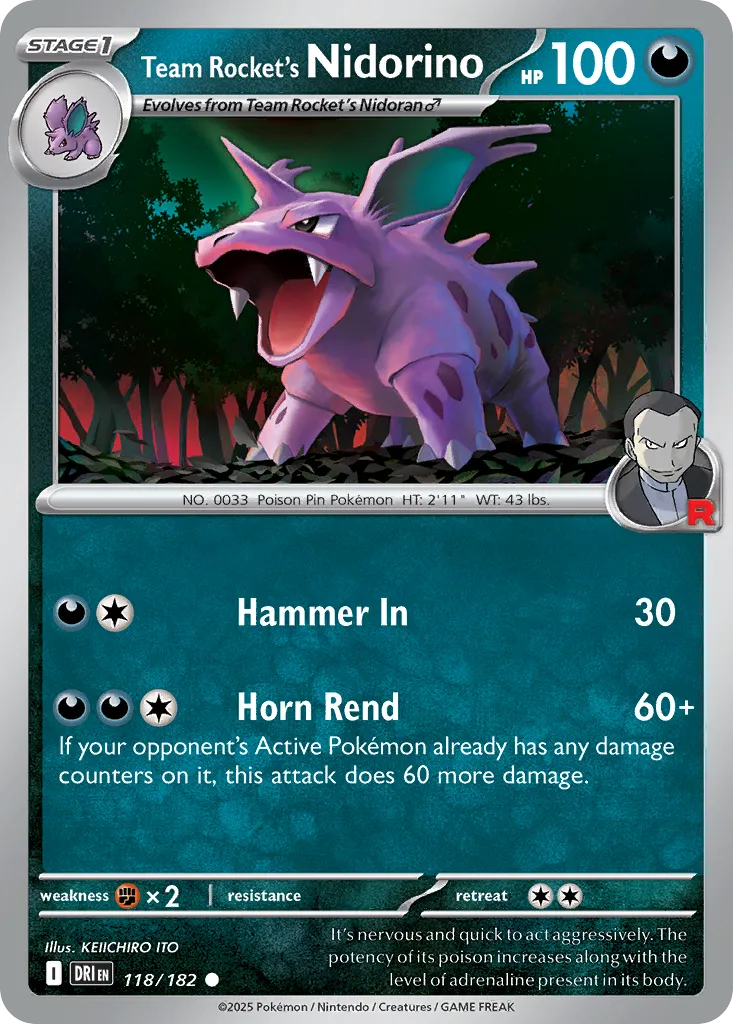 2025 Destined Rivals Team Rocket's Nidorino #118/182 Common card image