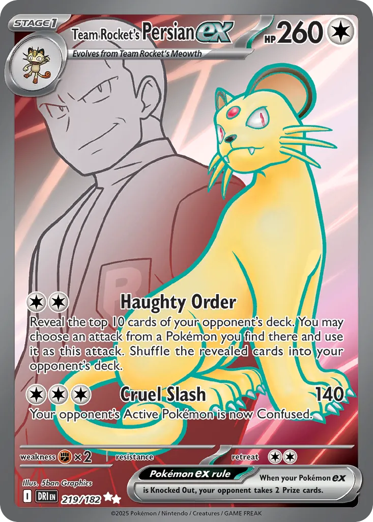 2025 Destined Rivals Team Rocket's Persian ex Ultra Rare #219/182 Ultra Rare card image