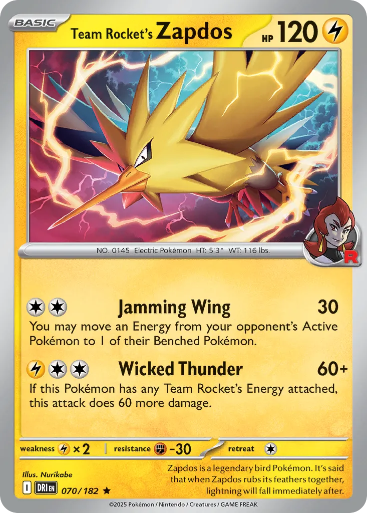 2025 Destined Rivals Team Rocket's Zapdos #070/182 Rare card image